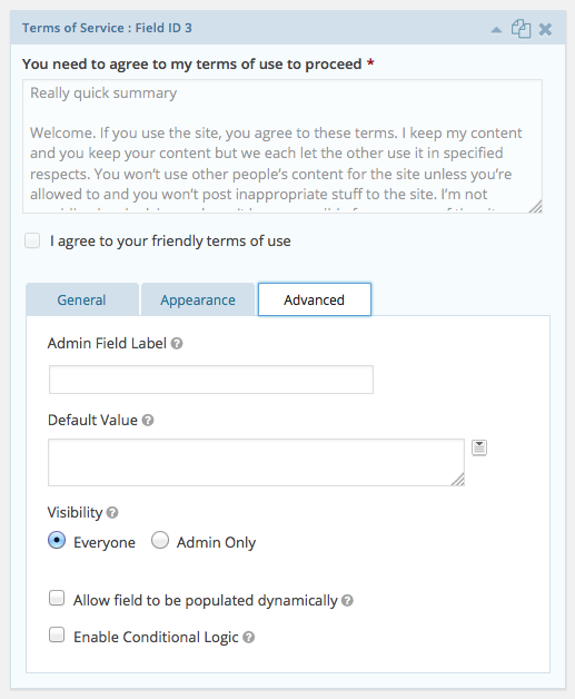 Terms of Service field - Advanced tab