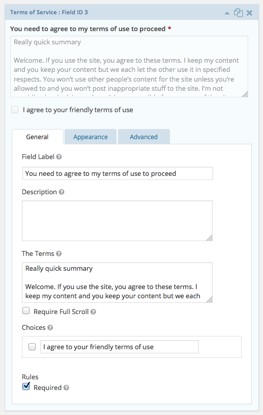 Terms of Service field - General tab